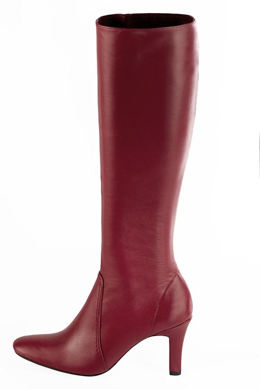 Cardinal red women's feminine knee-high boots. Round toe. High kitten heels. Made to measure. Profile view - Florence KOOIJMAN